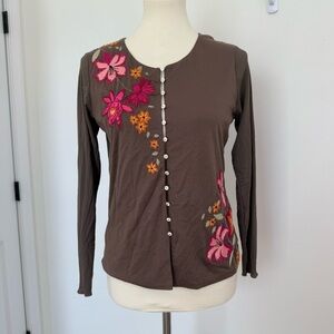J. Jill Women’s Floral Embroidered Blouse Brown Button Up Long Sleeve Small Folk